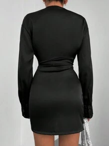 EURMUSE V-Neck Drawstring Ruffle Hem Short Bodycon Dress - Black - View 2