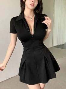 DAZY Women's Casual Short-Sleeve Collared Summer Dress Sundress,Mini Dress - Black - View 3