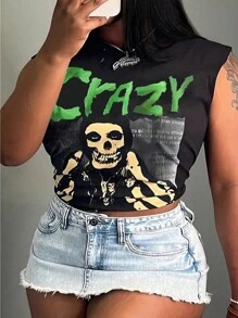 SHEIN Slayr Skull & Letter Print Round Neck Short Sleeve Summer Casual T-Shirt With Pleats