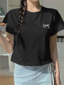 DAZY Women's Short Sleeve T-Shirt With Bow Embroidery On Round Neck Graphic Tee - Black - View 3