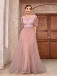 SHEIN Belle 優雅的蕾絲露肩泡泡袖網紗裙，帶刺繡設計 - 粉色 - 查看 5