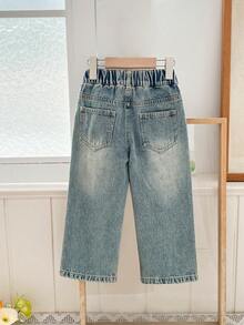 YOUNG GIRL Street Style Cool Handmade Brush Detail Flat Pockets Ripped Straight Jeans - Light Wash - View 4