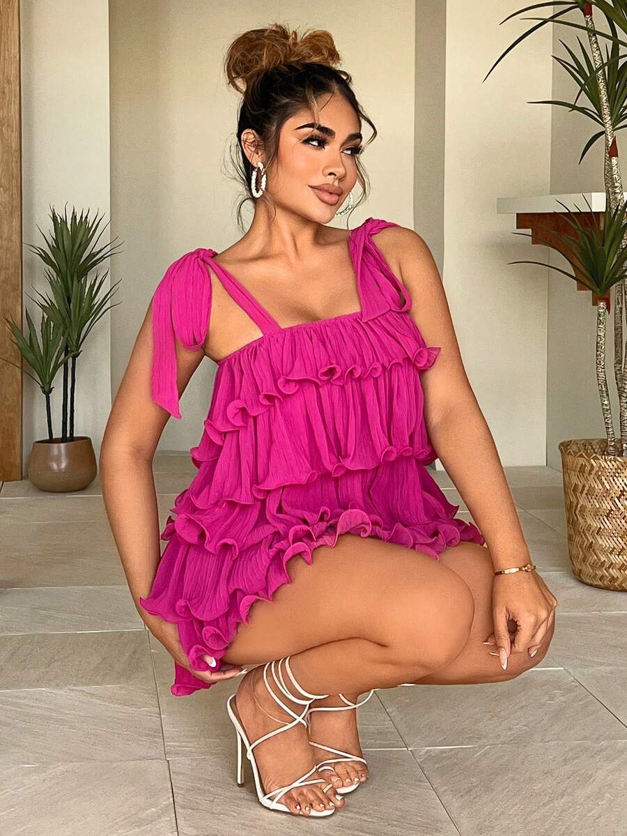 SHEIN SXY 夏季海灘度假/生日派對公主荷葉蛋糕裙，粉色多層荷葉邊緣雪紡蝴蝶結裝飾露肩迷你裙，泡泡裙 - 玫紅色 - 查看 1