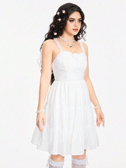 Fairycore Vestido vintage de estilo palacio de encaje floral con rosas 3D para mujer