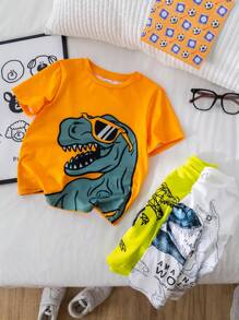 Set de 3 camisetas de manga corta con cuello redondo y gráfico de dinosaurio lindo para niño, conjunto informal para exterior, calle, fiesta, paseo por la ciudad