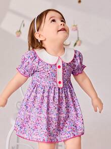 SHEIN Random Printed Peter Pan Collar Baby Girl Dress - Purple - View 6
