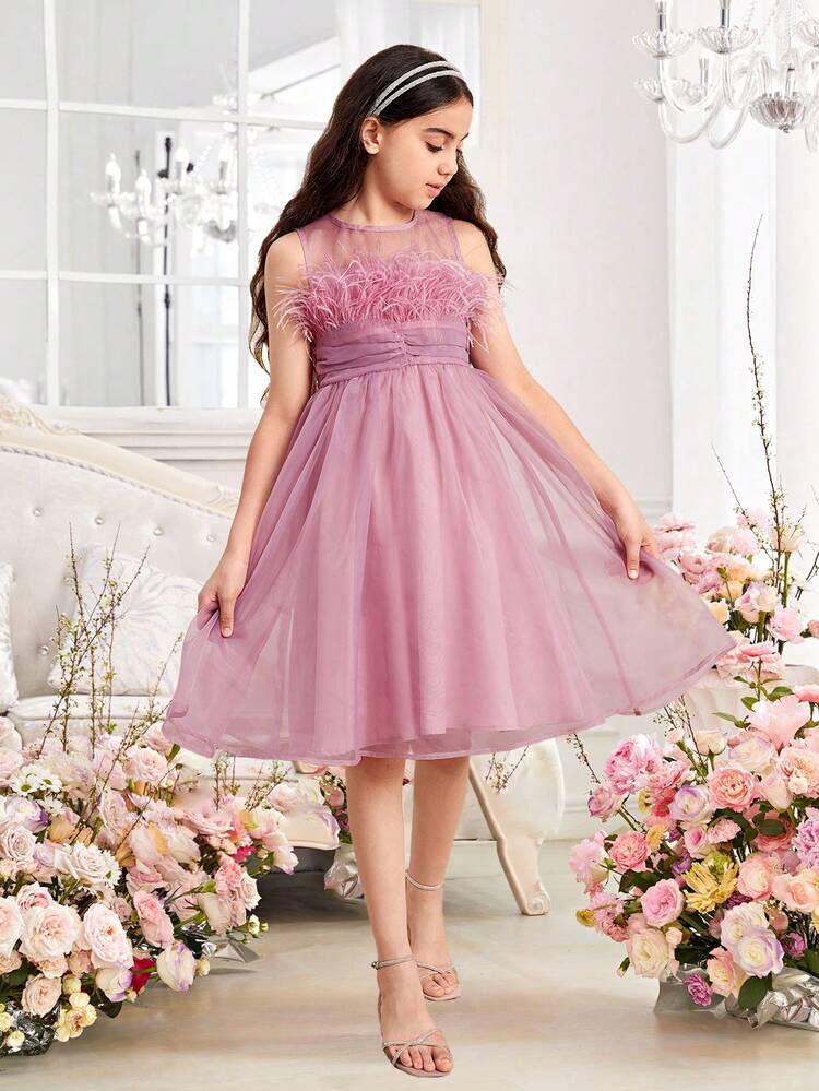 Tween Girls' Cute Illusion Neck Sleeveless Organza Dress