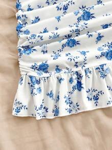 Soleia Vestido ajustado azul y blanco de flores para vacaciones de verano de mujer con detalle de volante en el dobladillo - Azul y blanco - Ver 4