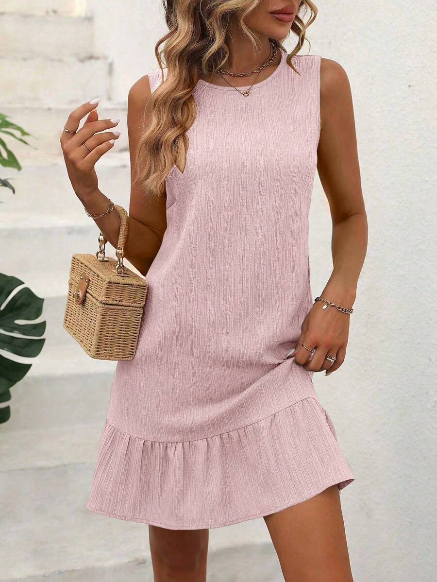 Breezaya Solid Color Sleeveless Ruffle Hem Round Neck Summer Dress Vacation Beach Outfits Women