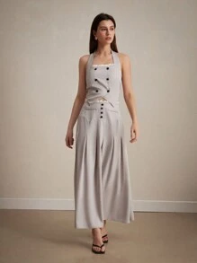 Femmeiva Conjunto de 2 piezas estilo académico para mujer: Chaleco con cordones para uso diario y espalda descubierta con doble botonadura y falda super larga plisada con empalme de encaje - Gris - Ver 4