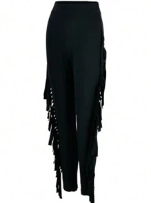 Plus Size Women High Waisted Solid Color Tassel Patchwork Slim Fit Pants