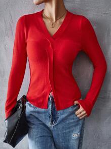 SHEIN Essnce Jersey rojo para mujeres versátil, sexy para la primavera/otoño, perfecto para usar en capas - Rojo - Ver 4