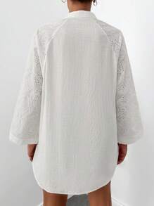 EURMUSE Eyelet Embroidery Raglan Sleeve Button Front Shirt - Beige - View 2