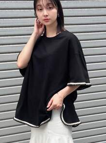 FRIFUL Women's Summer Loose Round Neck T-Shirt With Wide Sleeves And Cuff Splice Design