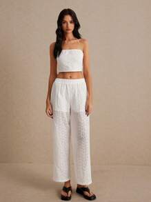 SHEIN Frenchy Embroidered Tube Top And Pants Set, Elastic Back Wrapped Chest, Low Waist Design, Cute Outfit For Casual, Holiday, Music Festivals, And Wedding Season