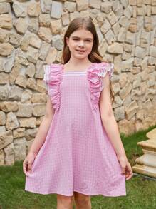 Vestido Simples A-Line Solto de Duas Camadas com Patchwork Listrado e Mangas Babados para Meninas Pré-adolescentes