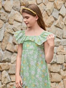 Tween Girl Exaggerated Ruffle Trim Refreshing Ditsy Floral Tiered Dress - Yellow - View 4