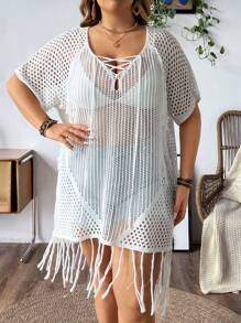 SHEIN Clasi 大尺碼女士夏日假期純色V領綁肩襉袖空心針織連衣裙 - 白色 - 查看 5