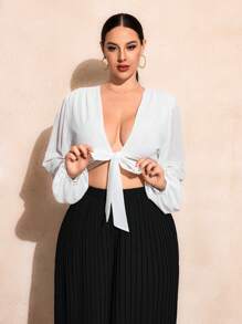 SHEIN SXY Plus Size Summer Solid Color Deep V-Neck Strap Cropped Top & Pleated Wide Leg Pants Set - Multicolor - View 3