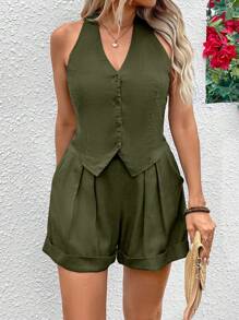 SHEIN Frenchy Einfarbiges, schlichtes ärmelloses Weste- und Shorts-Westenanzug-Set für Damen, Leinen-Set für Sommer-Outfits, Westen-Set im Old-Money-Stil