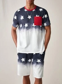 Manfinity VCAY Men's Stylish Daily Young Casual Star Pattern Loose Short Sleeve T-Shirt And Shorts Two-Piece Set - Multicolor - View 1