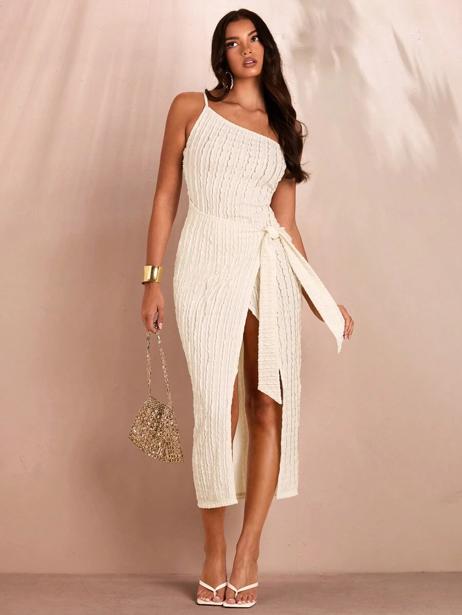 SHEIN BAE White Summer Asymmetric Textured Solid Color Strap High Slit Bodycon Dress - Apricot - View 1