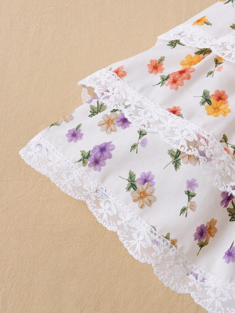 Little Girls' Spring/Summer Floral Patchwork Lace Shirt & Layered Skirt With Lace Trim Set