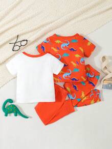 Conjunto de camiseta naranja de manga larga con estampado de dinosaurios en todo y pantalones largos para bebé niño - Multicolor - Ver 2