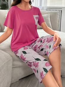 Bộ đồ ngủ mùa hè ngắn tay cổ tròn in hoa và quần đùi in hoa cho nữ - Màu Hồng Tươi - Xem 6