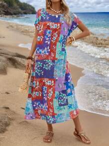 EMERY ROSE Rural Vintage Vacation Printed Short Sleeve Women's Dress - Multicolor - View 1