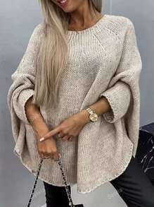 Women's Solid Color Batwing Sleeve Round Neck Knit Sweater