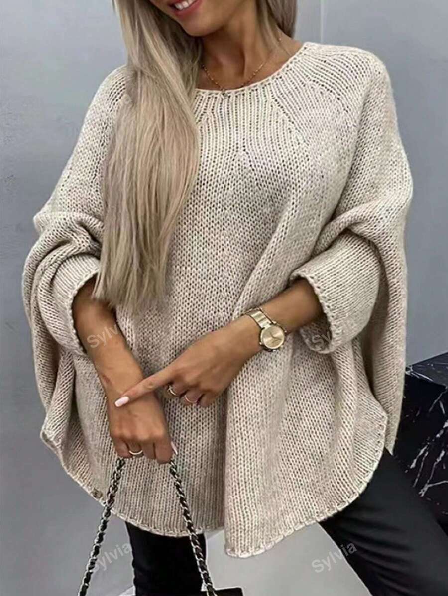 Women's Solid Color Batwing Sleeve Round Neck Knit Sweater