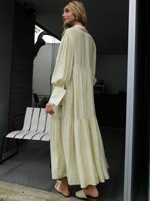 Summer Bohemian Drop-Shoulder Oversized Loose Shirt Dress Front Button Dress - Lime Green - View 2