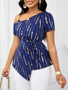 SHEIN Lady 商务女装女士夏季时尚不对称下摆衬衫，带金箔印花、扭结设计和金属扣，短袖上衣 - 藏蓝色 - 查看 5