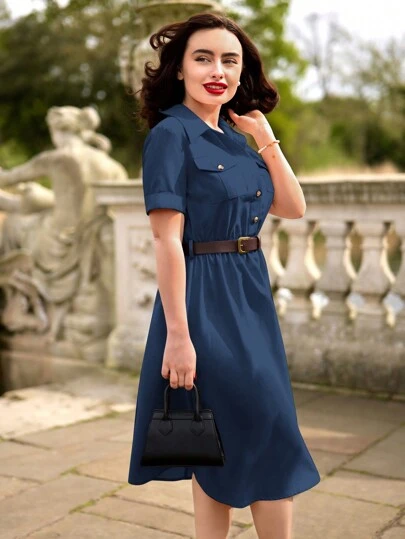 Vintamour 复古优雅短袖衬衫领连衣裙，带口袋、伞形下摆和腰带，适合春夏休闲装母亲节连衣裙