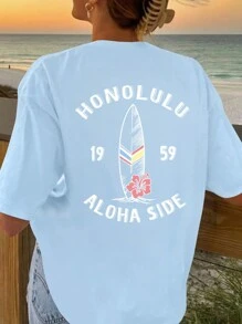 SHEIN EZwear Nữ Mùa Hè Ngắn Tay Retro Lướt Sóng In Hình Quá Khổ Áo Thun HONOLULU 1959 ALOHA BÊN - Màu xanh lam - Xem 2