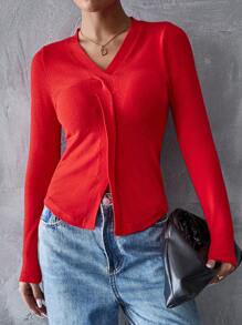 SHEIN Essnce Jersey rojo para mujeres versátil, sexy para la primavera/otoño, perfecto para usar en capas - Rojo - Ver 6