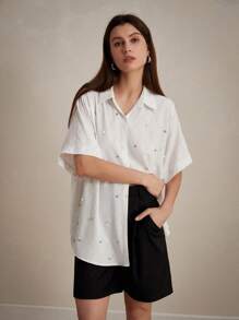 Aveloria Modichic Exquisite White Net Diamond Studded Loose Short Sleeve Shirt For Commuting Fall Cloth For Women - White - View 4