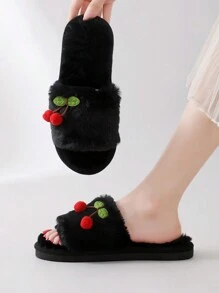 Fall/Winter New Plush Cherry Strap Slippers For Women, Korean Style Home Slippers,Christmas Outfits,Fluffy Slippers - Black - View 5