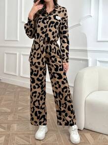 Seusyu Conjunto de 2 piezas estampado de leopardo, sencillo y diario, para mujer - Marrón - Ver 5