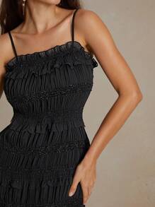 Anewsta Glitter Ruffle Trim Slim Strap Solid Color Summer Spaghetti Strap Dress - Black - View 2