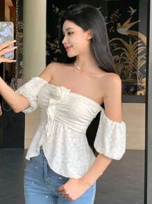 DAZY Women Summer Solid Color Elegant Off-Shoulder Short Sleeve T-Shirt With 3D Floral Decor,Ruffle,Babydoll Top - White - View 6