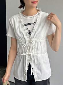 FRIFUL Blusa de manga corta con lazo en la parte delantera, de unicolor y sencillo para uso diario, con volantes