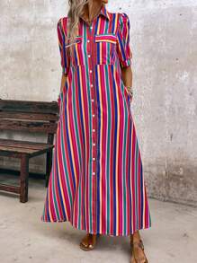 EMERY ROSE Robe chemise maxi à boutonnage avant rayé coloré pour les loisirs de vacances des femmes - Multicolore - Voir 5