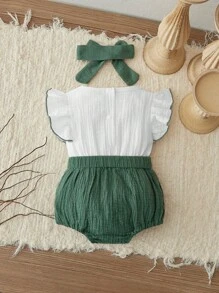 SHEIN Macacão De Corpo Inteiro Para Bebê Menina Com Cabeço, Detalhe De Babados Na Frente Com Faixa De Laço Em Cores Variadas - Multicolorido - Visão 2