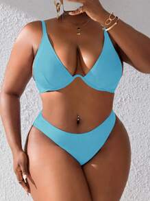 SHEIN Swim Curve Plus Size Women Solid Underwire Bikini Set Summer Beach - Blue - View 5