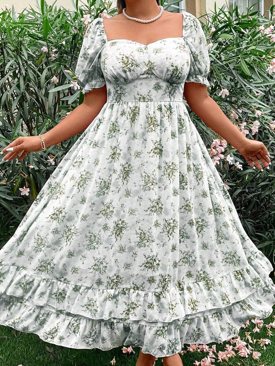 SHEIN Holidaya Damska sukienka z szyfonu w eleganckim romantycznym rozmiarze plus size - Zielony - Zobacz 1