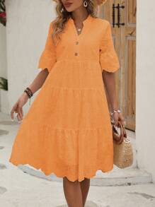 SHEIN LUNE Women's Solid Color Notched V-Neck Ruffle Hem Holiday Dress - Orange - View 4