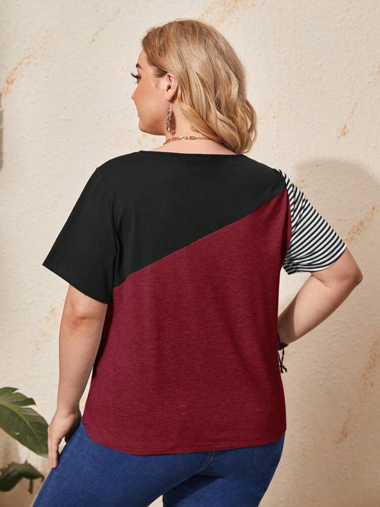 Plus Size Women's Casual Striped And Printed Round Neck Short Sleeve T-Shirt, Summer