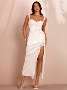 SHEIN BAE Ladies' Elegant Lace Splicing Satin Slit White Dress For Dating - White - View 1